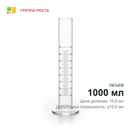Цилиндр 2-1000-1 мерный с пришлиф. пробкой на стекл. основании, 1 класс, инд.